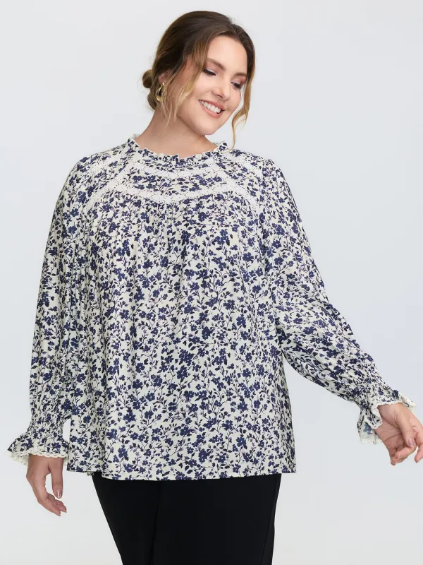Floral Print Lace Trim Flowy Blouse sold by Bloomchic