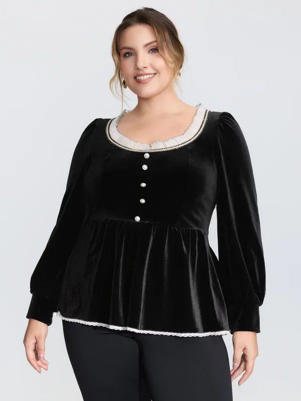 Velvet Contrast Neckline Button Knit Top sold by Bloomchic