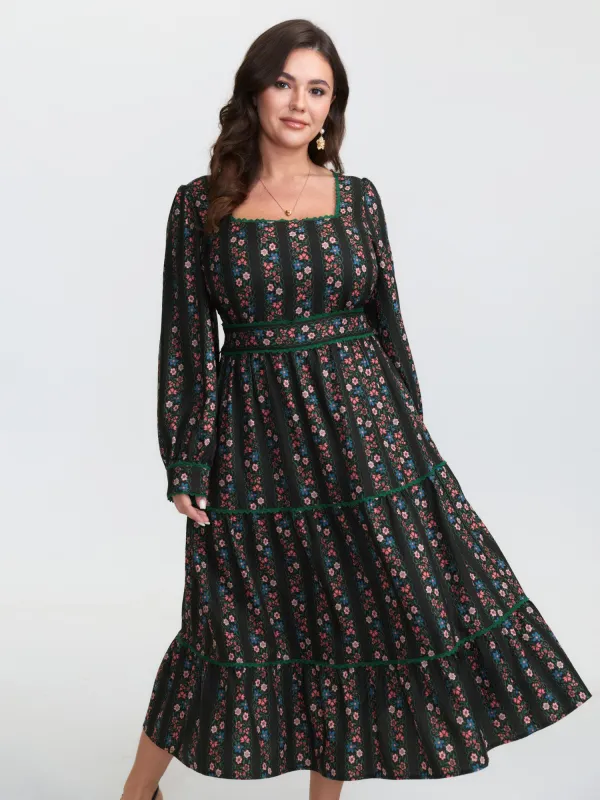Retro Floral Stripe Tiered Maxi Dress sold by Bloomchic