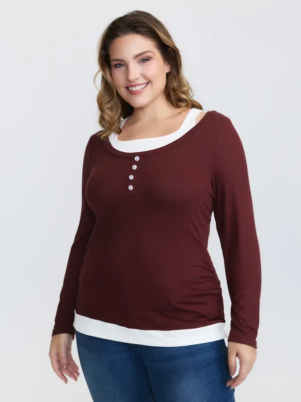 Color Contrast Buttons Fitted T-Shirt sold by Bloomchic