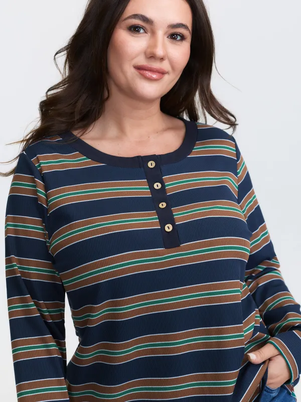 Stripe Ribbed Button Round Neck T-Shirt sold by Bloomchic