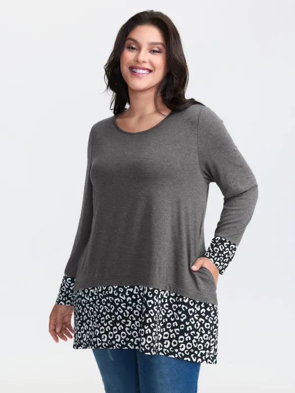 Mixed Material Layered Leopard Print T-Shirt sold by Bloomchic