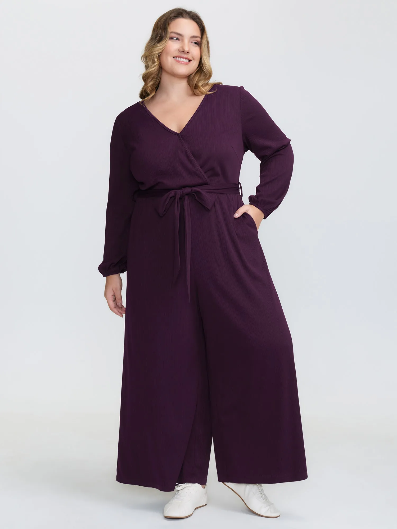 Stretchy Wrap Neckline Adjustable Belt Jumpsuit sold by Bloomchic product image thumbnail 3