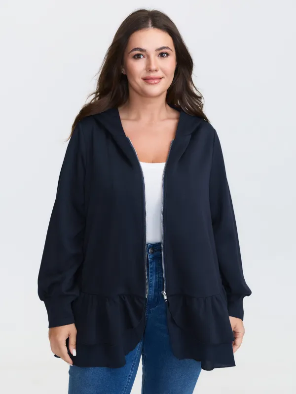 Supersoft Layered Ruffled Hem Zipper Hooded Jacket sold by Bloomchic