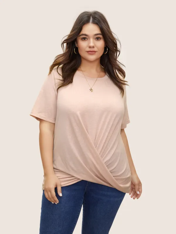 Plain Crew Neck Twist Front Gathered T-shirt sold by Bloomchic