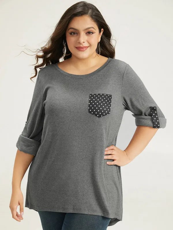 Polka Dot Patched Pocket Tab Sleeve T-shirt sold by Bloomchic