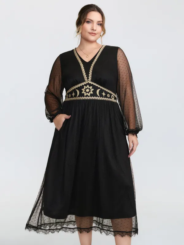 Gold Embroidery Lace Trim Sheer Maxi Dress sold by Bloomchic