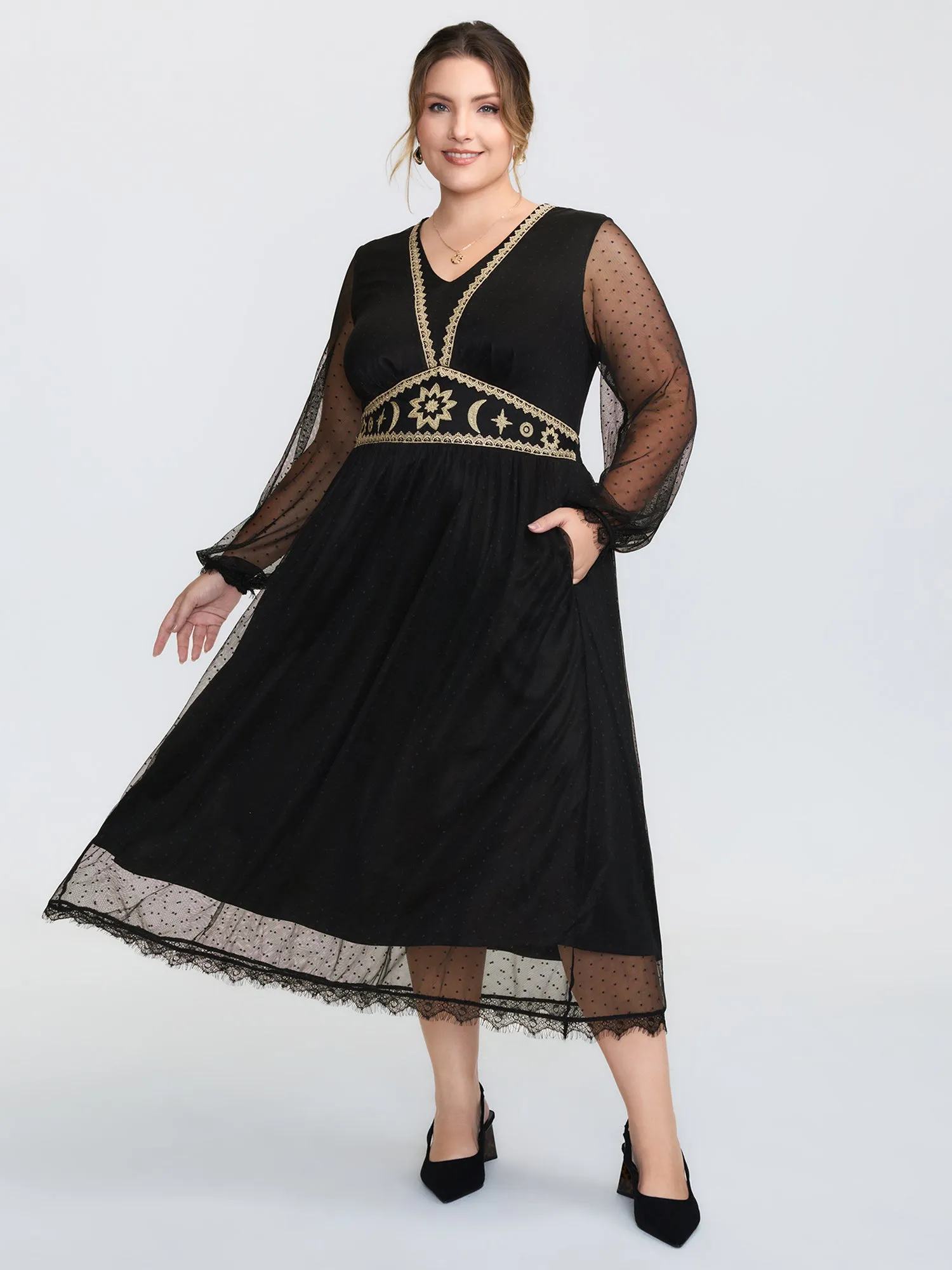 Gold Embroidery Lace Trim Sheer Maxi Dress sold by Bloomchic product image thumbnail 3