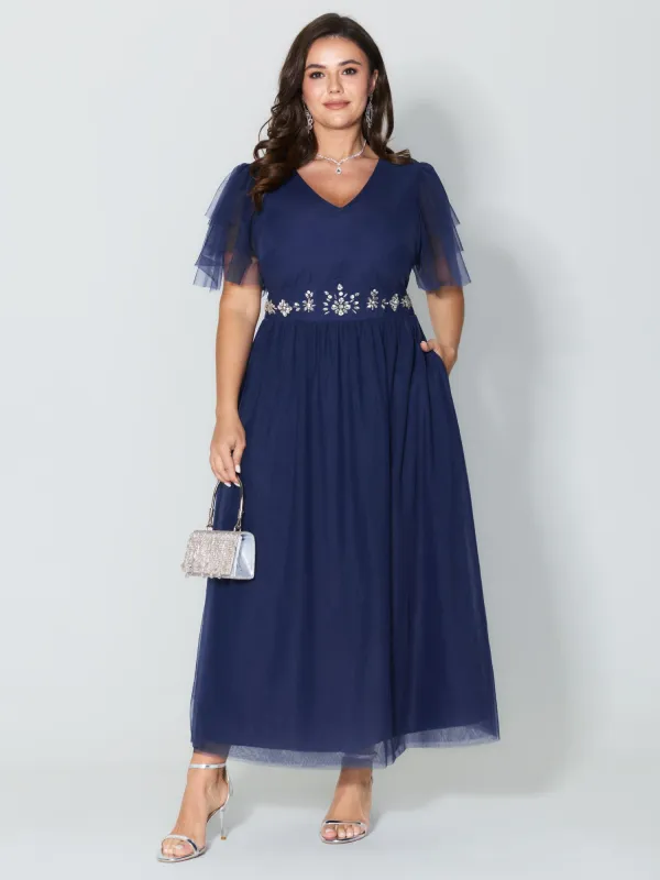 Rhinestone Triangular Mesh Cinched-Waist Maxi Dress sold by Bloomchic