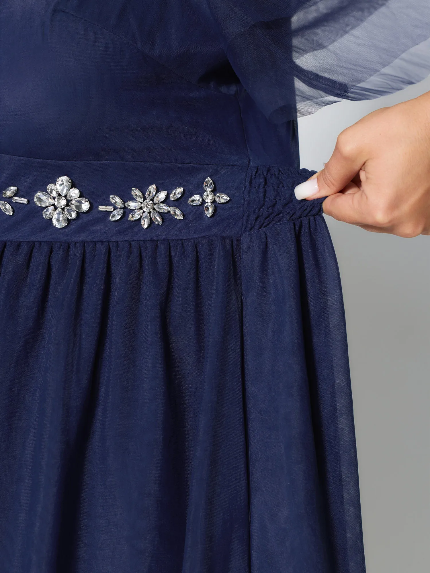 Rhinestone Triangular Mesh Cinched-Waist Maxi Dress sold by Bloomchic product image thumbnail 4