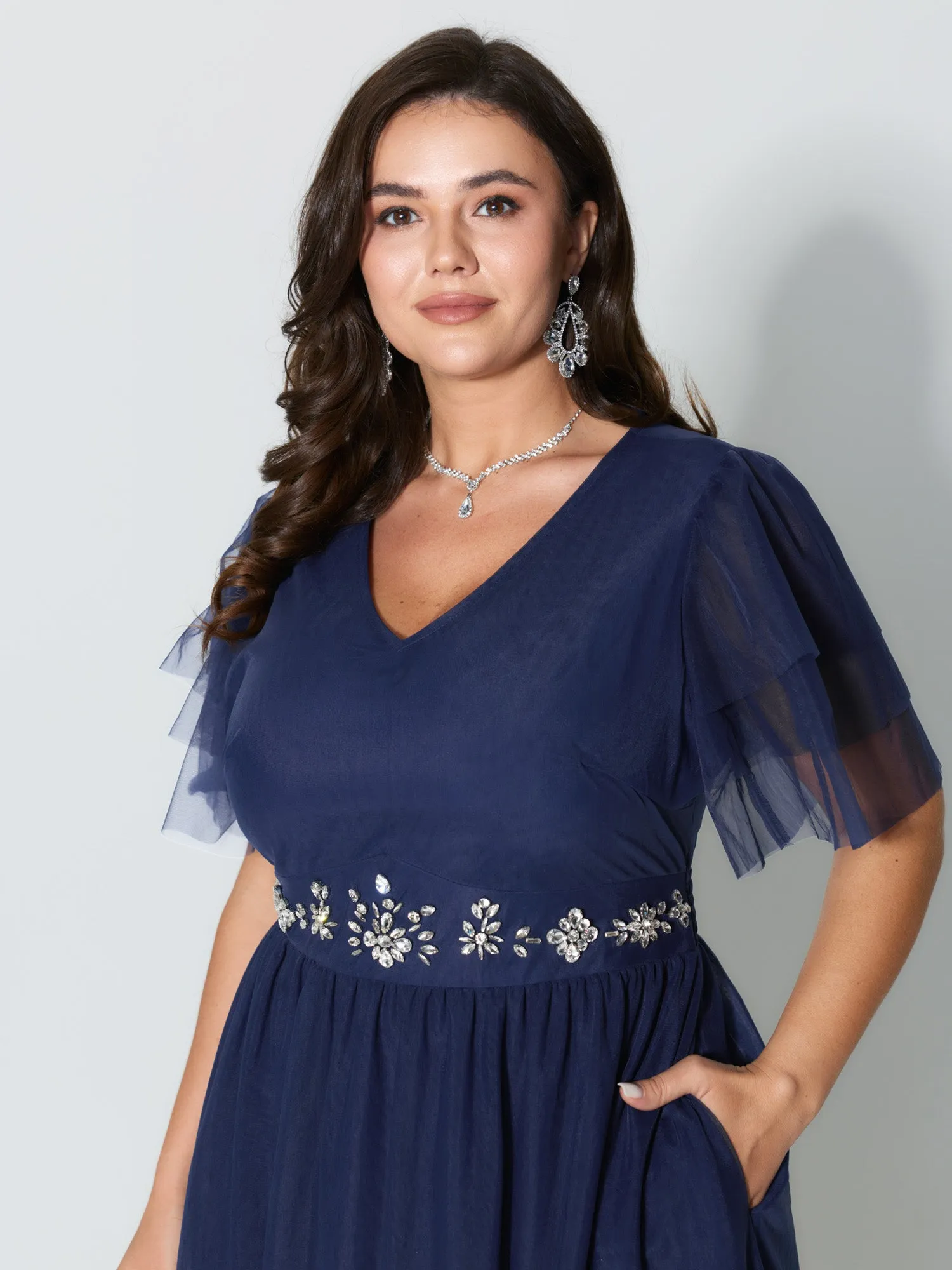 Rhinestone Triangular Mesh Cinched-Waist Maxi Dress sold by Bloomchic product image thumbnail 2