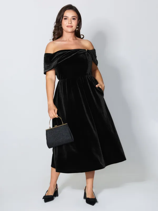 Off-Shoulder Metallic Detail Pockets Midi Dress sold by Bloomchic