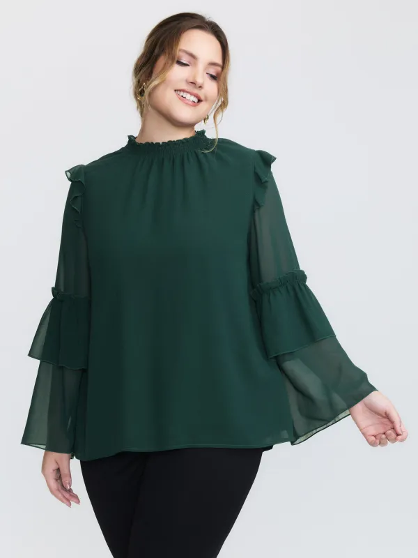 Shirred Layered Ruffled Sheer Sleeve Blouse sold by Bloomchic