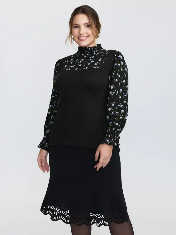 Floral Print Layered Ruffled Neckline Knit Top sold by Bloomchic