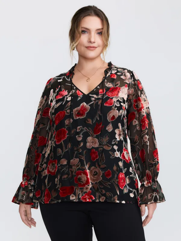 Flock Floral Ruffled Cuff Blouse sold by Bloomchic