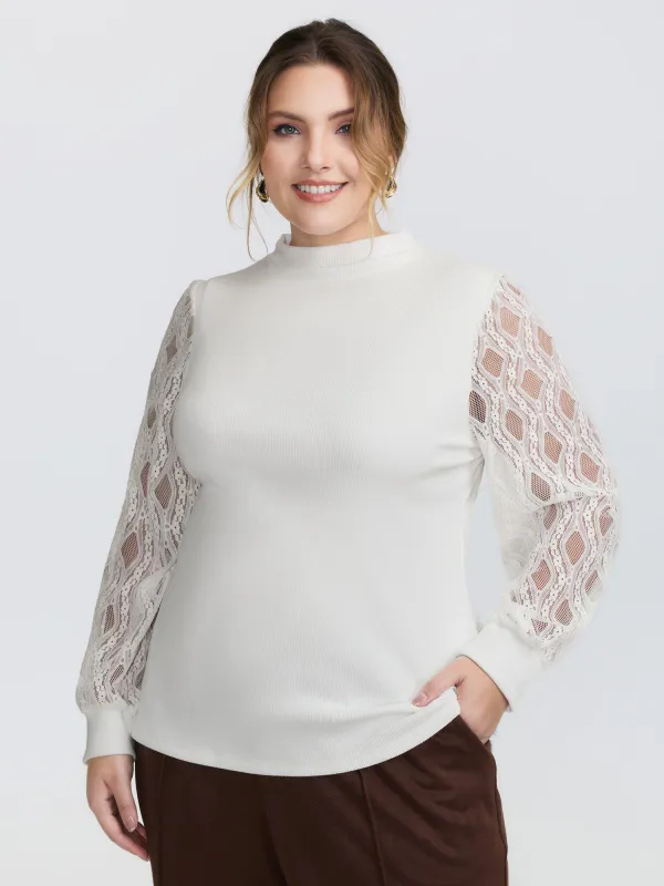 Sheer Lace Trim Mockneck Knit Top sold by Bloomchic