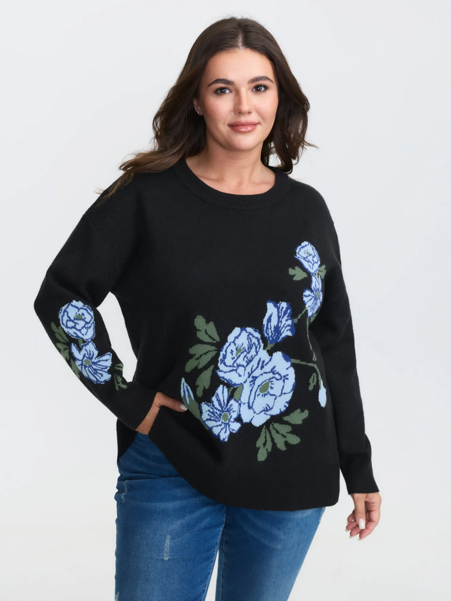 Rosy Jacquard Drop Shoulder Pullover sold by Bloomchic