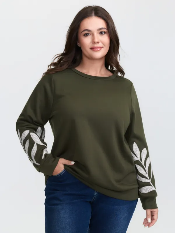 Leaf Embroidered Sleeve Round Neck Sweatshirt sold by Bloomchic