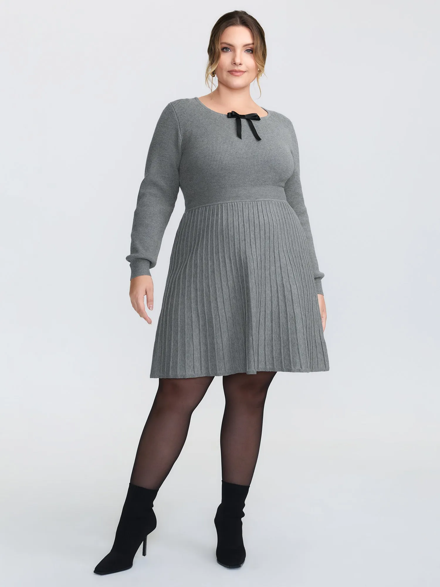 Bowknot Neckline Cinched-Waist A-Line Sweater Dress sold by Bloomchic product image thumbnail 3