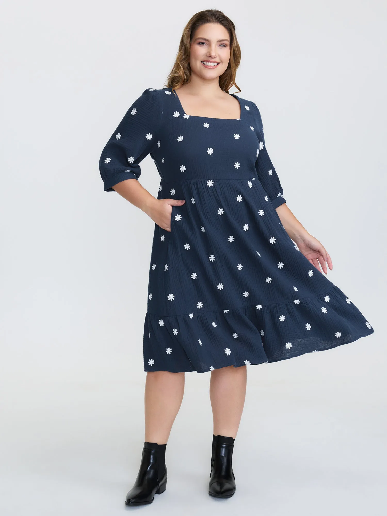 Pure Cotton Embroidered Square Neck Midi Dress sold by Bloomchic product image thumbnail 4