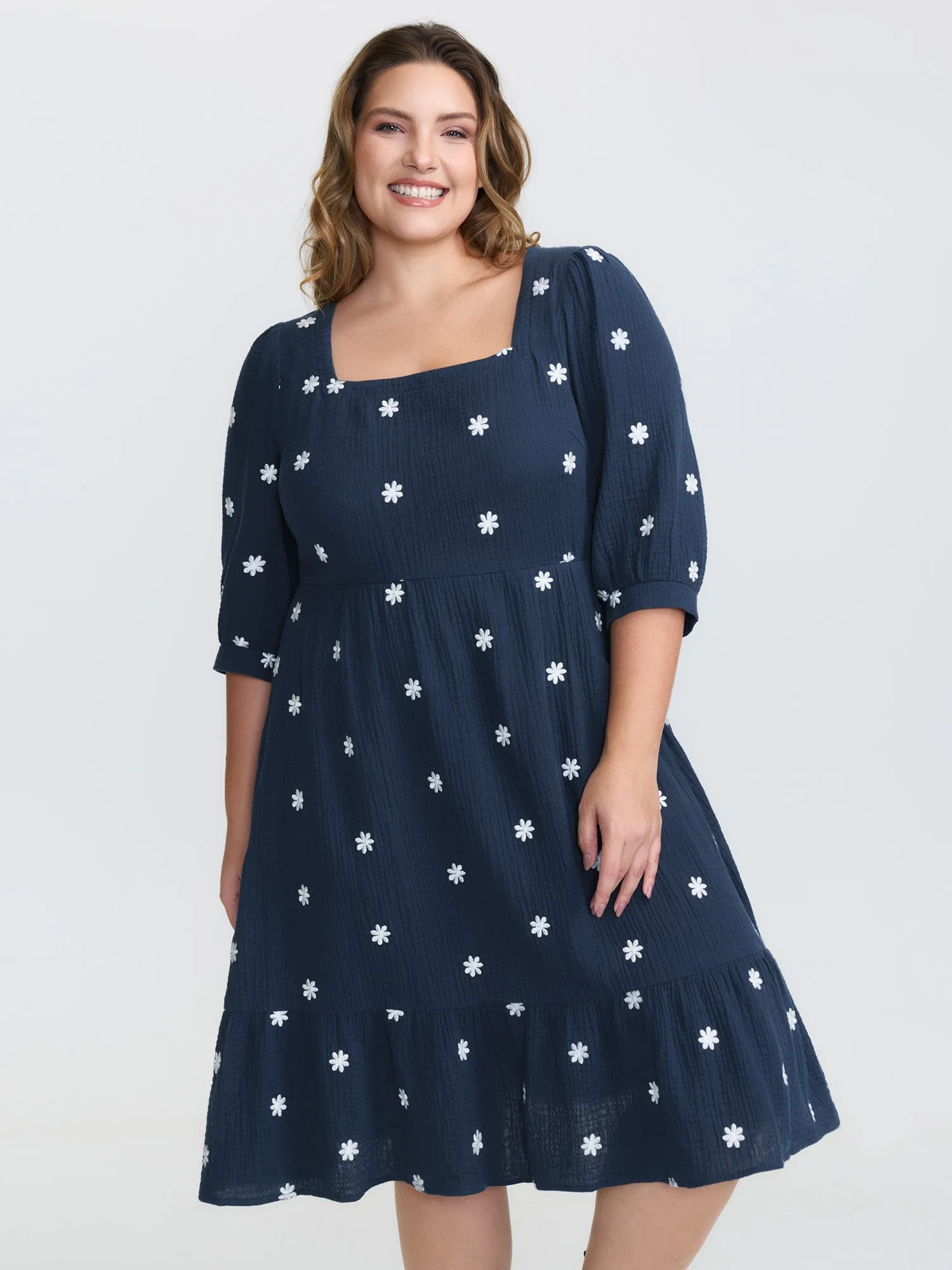 Pure Cotton Embroidered Square Neck Midi Dress sold by Bloomchic