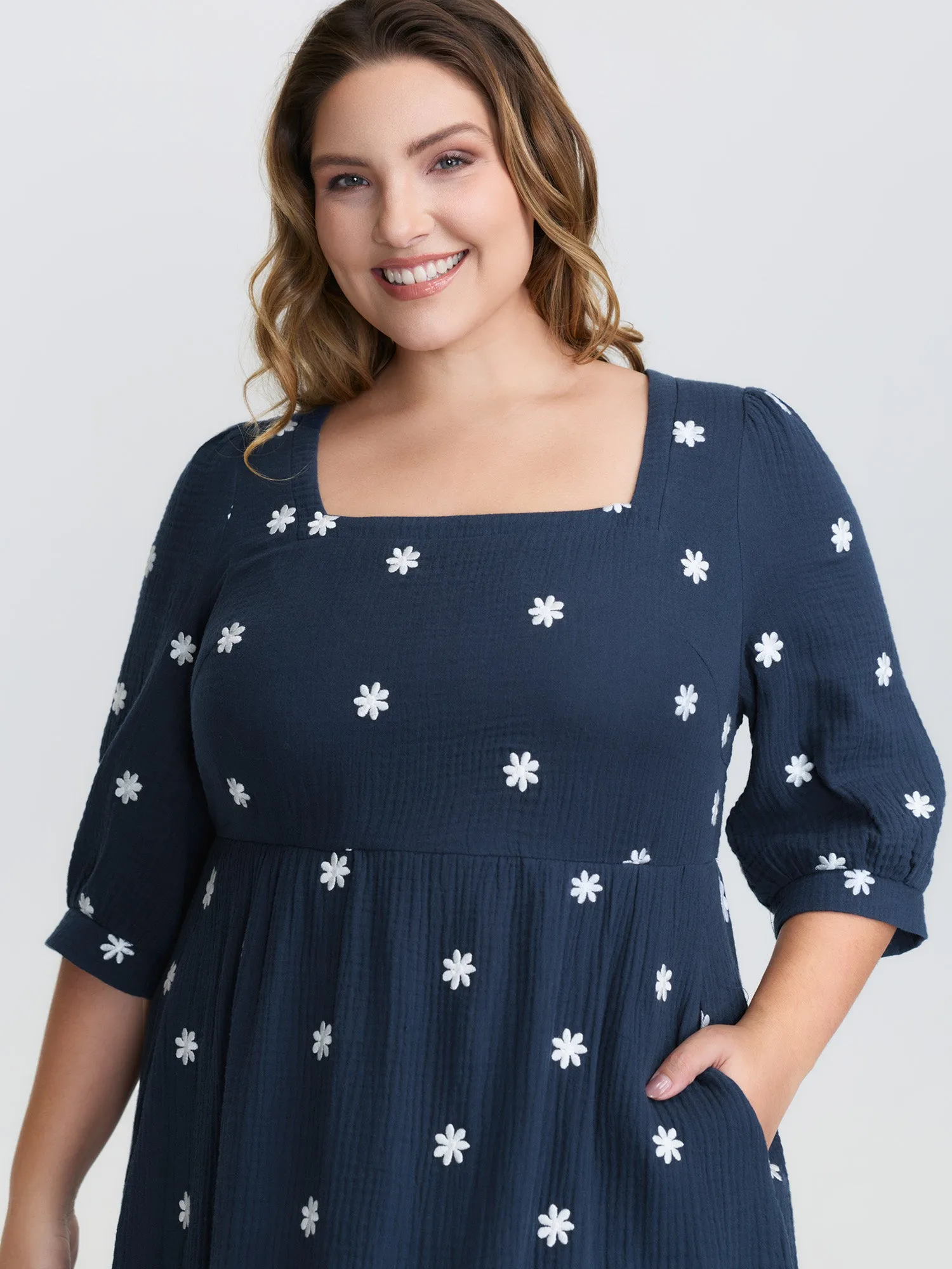 Pure Cotton Embroidered Square Neck Midi Dress sold by Bloomchic product image thumbnail 2