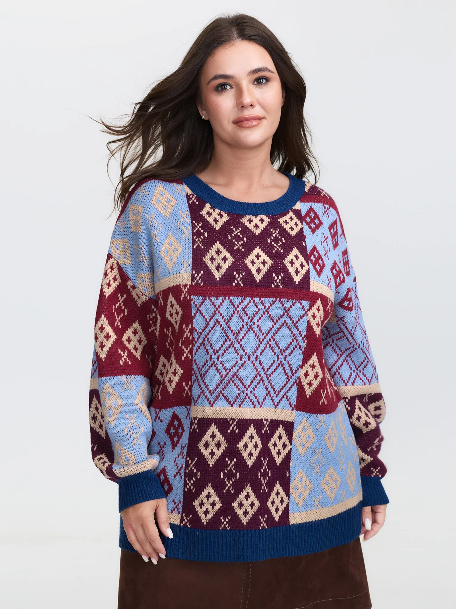 Retro Pattern Jacquard Color Block Pullover sold by Bloomchic
