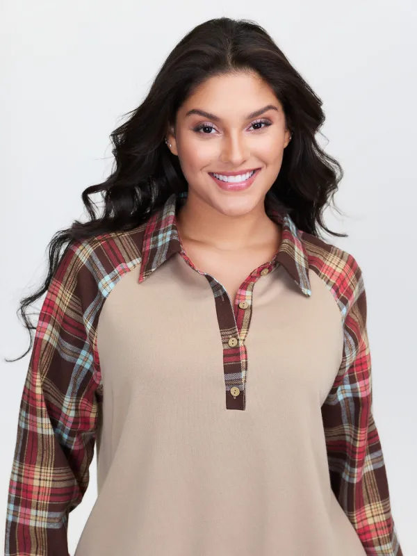 Polo Collar Plaid Contrast Half-Placket Sweatshirt sold by Bloomchic
