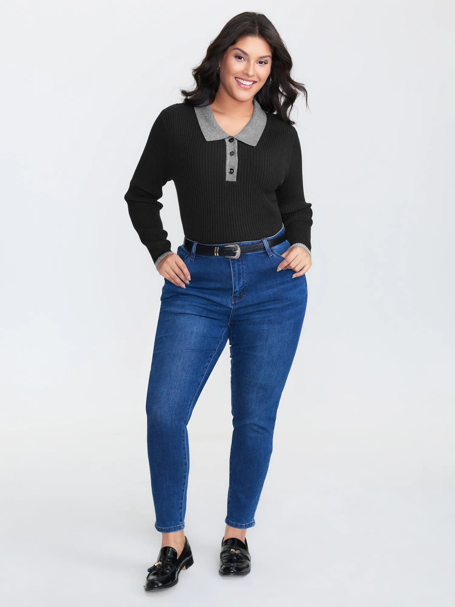 Polo Neck Contrast Metal Buttons Pullover sold by Bloomchic product image thumbnail 3