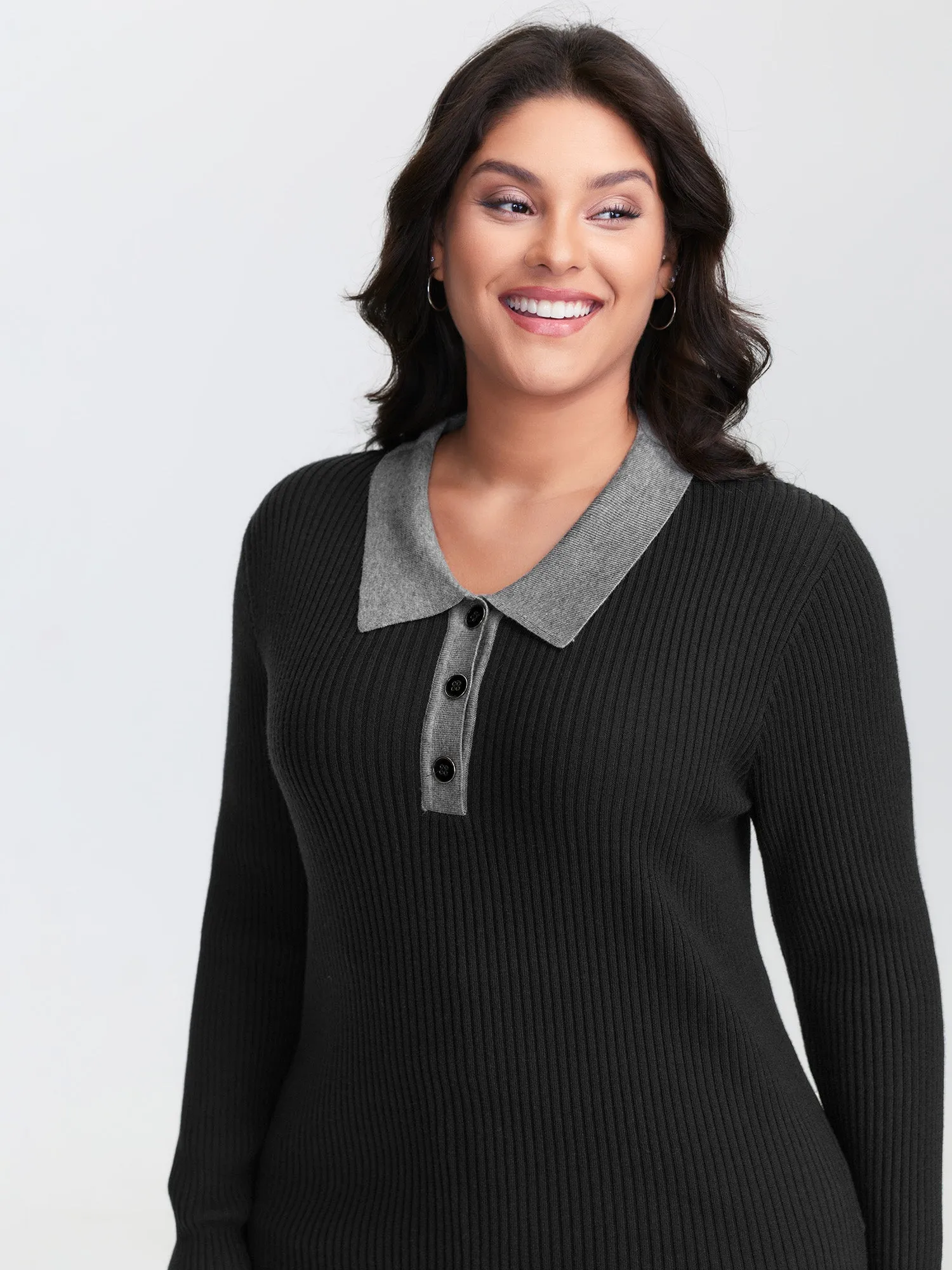 Polo Neck Contrast Metal Buttons Pullover sold by Bloomchic product image thumbnail 2
