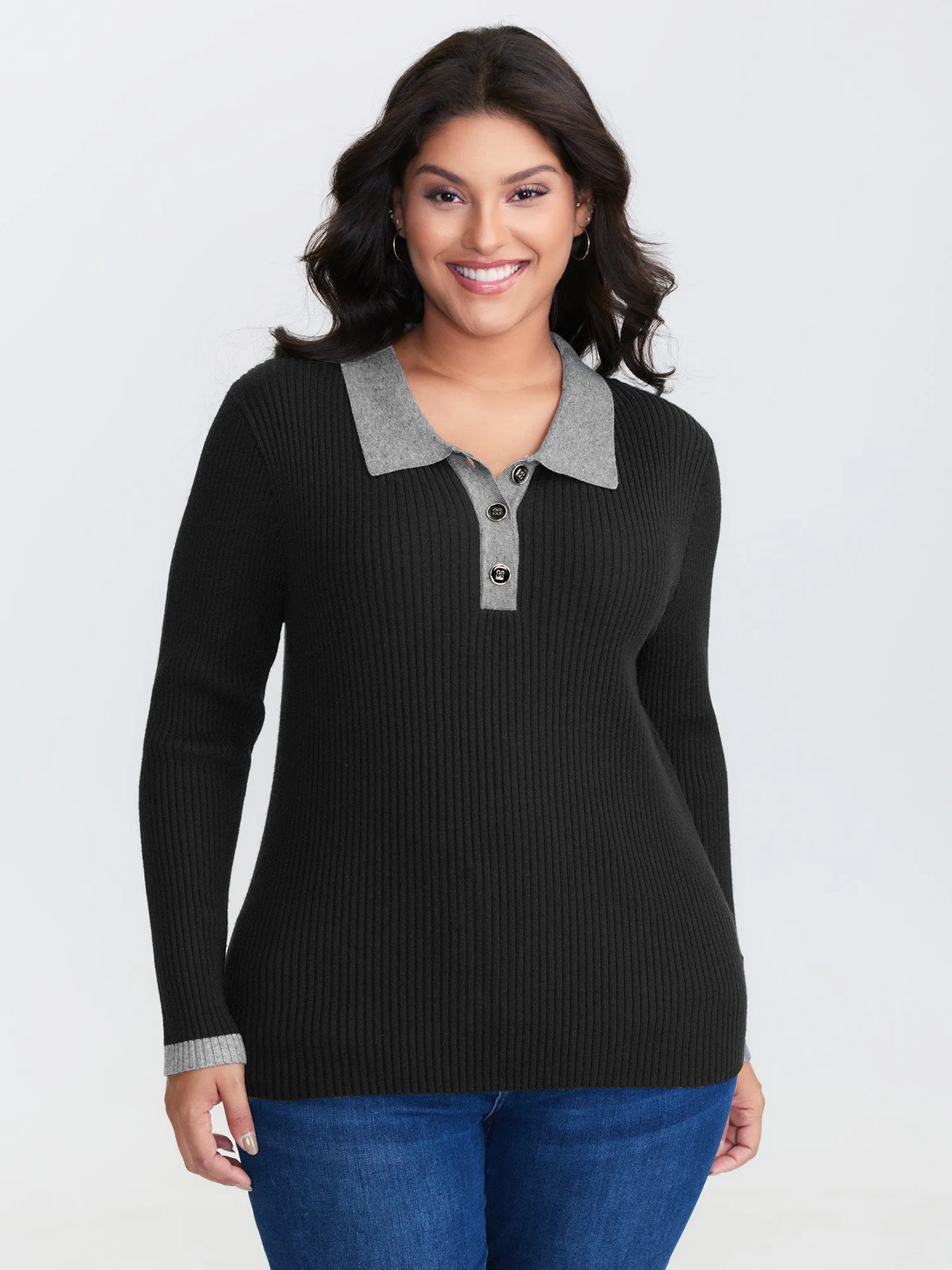 Polo Neck Contrast Metal Buttons Pullover sold by Bloomchic