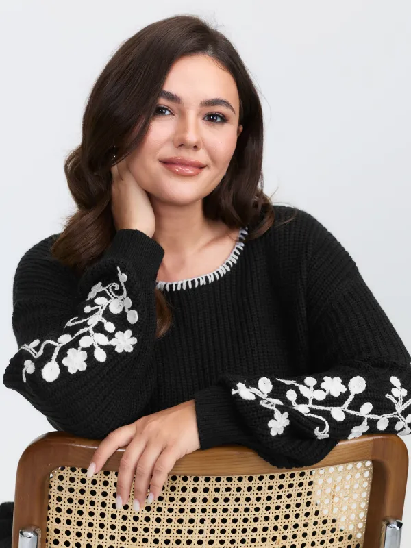 Floral Embroidered Texture Pullover sold by Bloomchic