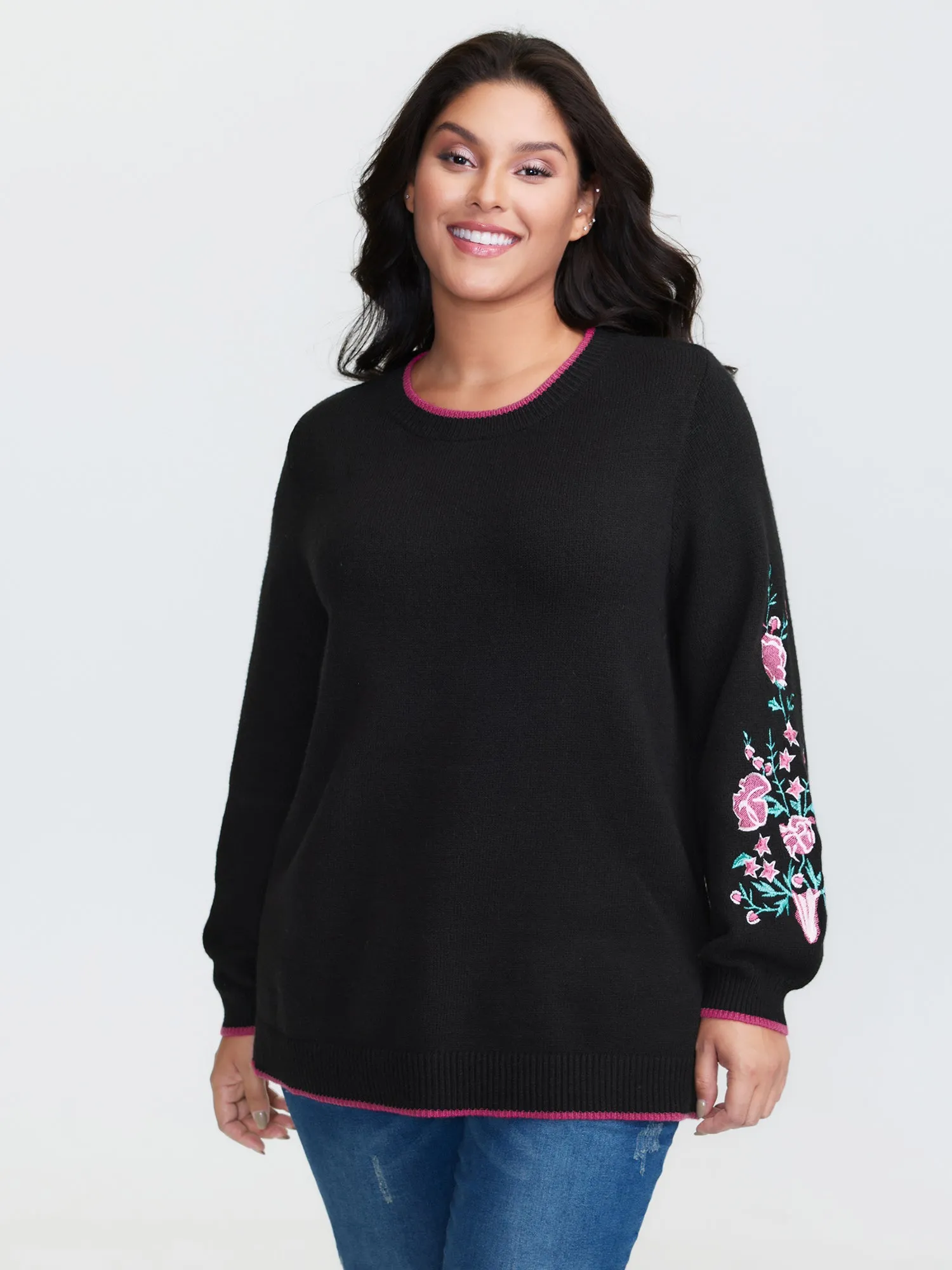 Embroidered Sleeve Contrast Trim Pullover sold by Bloomchic product image thumbnail 2