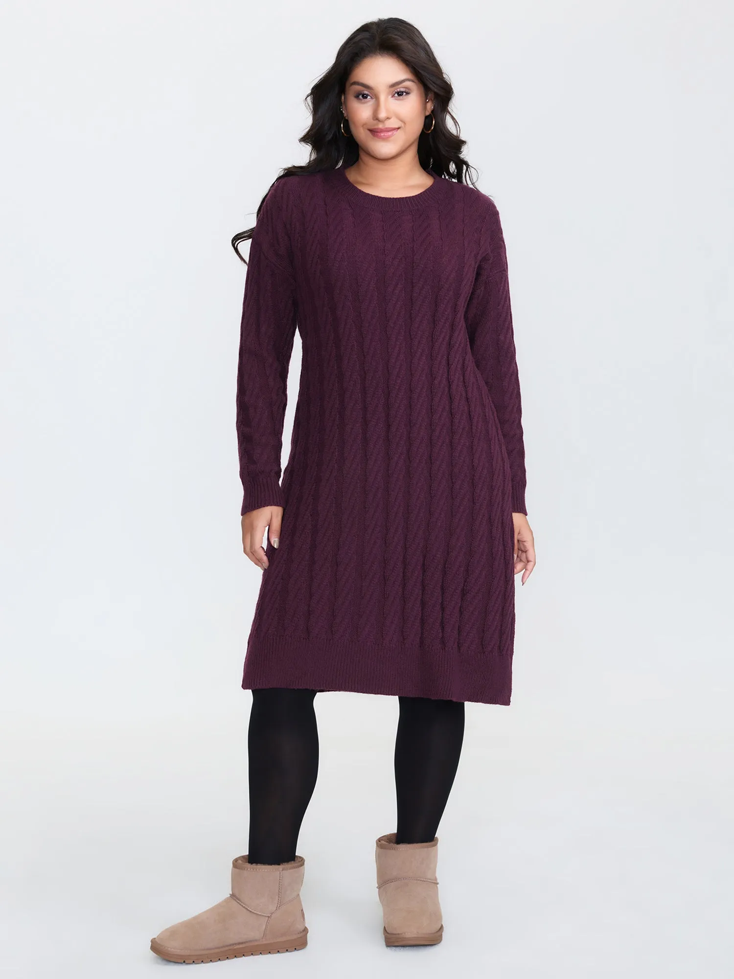 Crew Neck Cable Texture Sweater Dress sold by Bloomchic