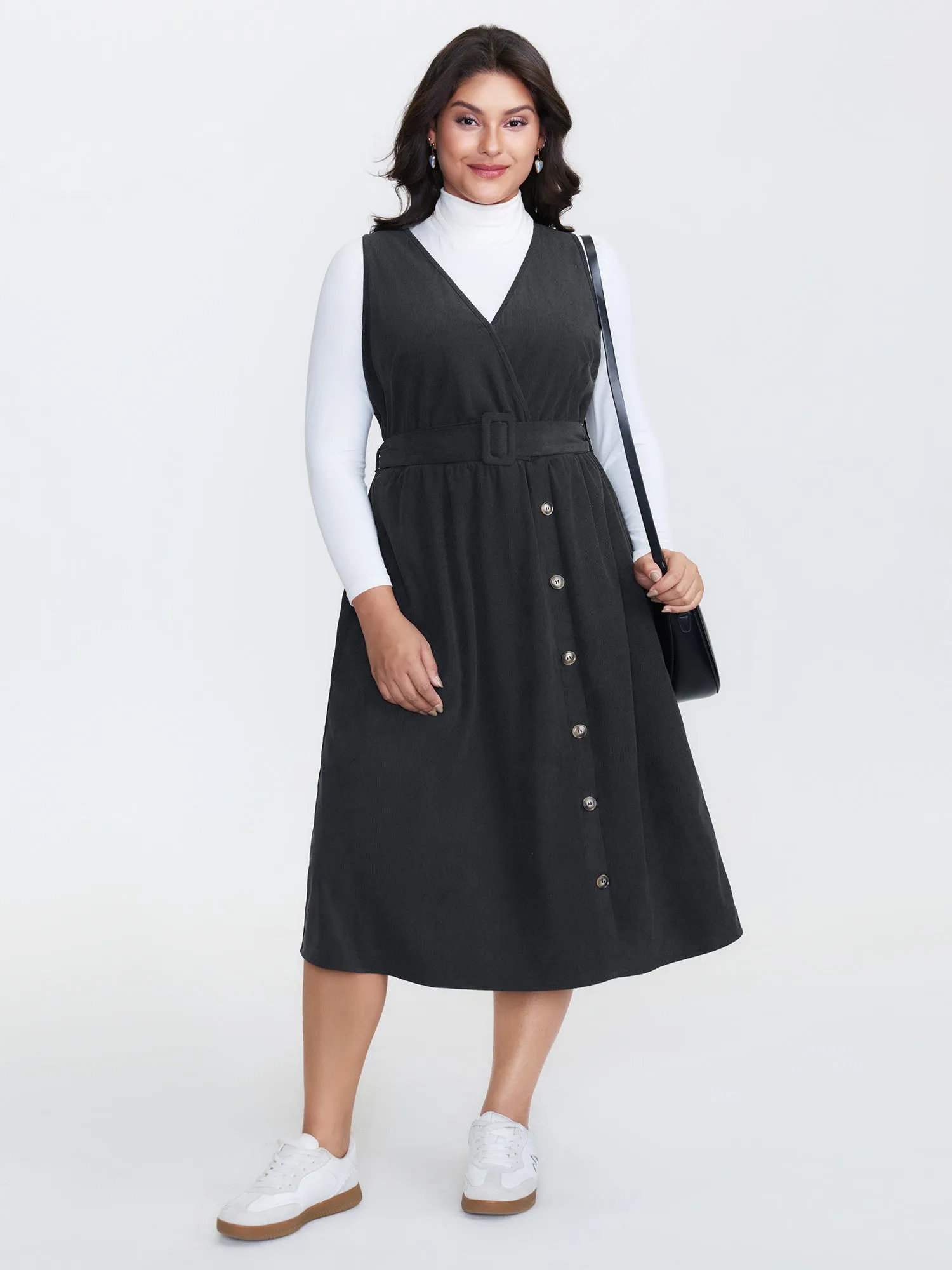 Corduroy Sleeveless Belted Side Midi Dress sold by Bloomchic product image thumbnail 3