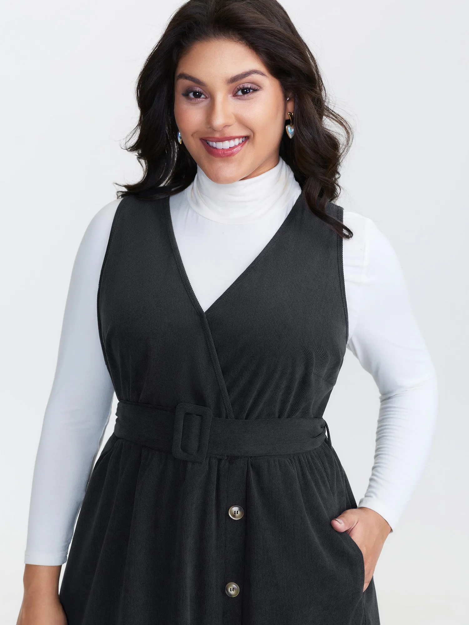 Corduroy Sleeveless Belted Side Midi Dress sold by Bloomchic product image thumbnail 2