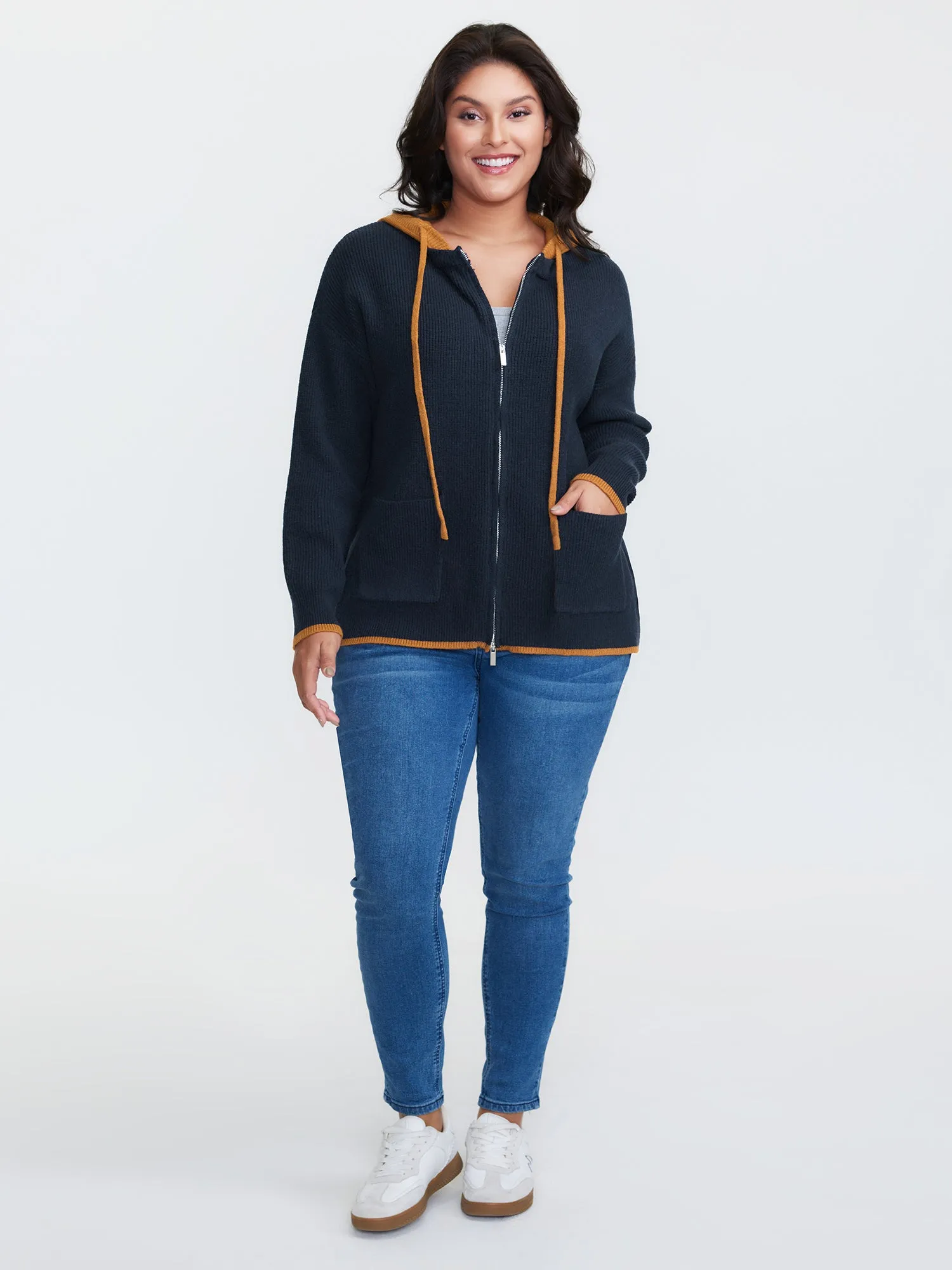 Contrast Hooded Zipper Front Pocketed Cardigan sold by Bloomchic product image thumbnail 2