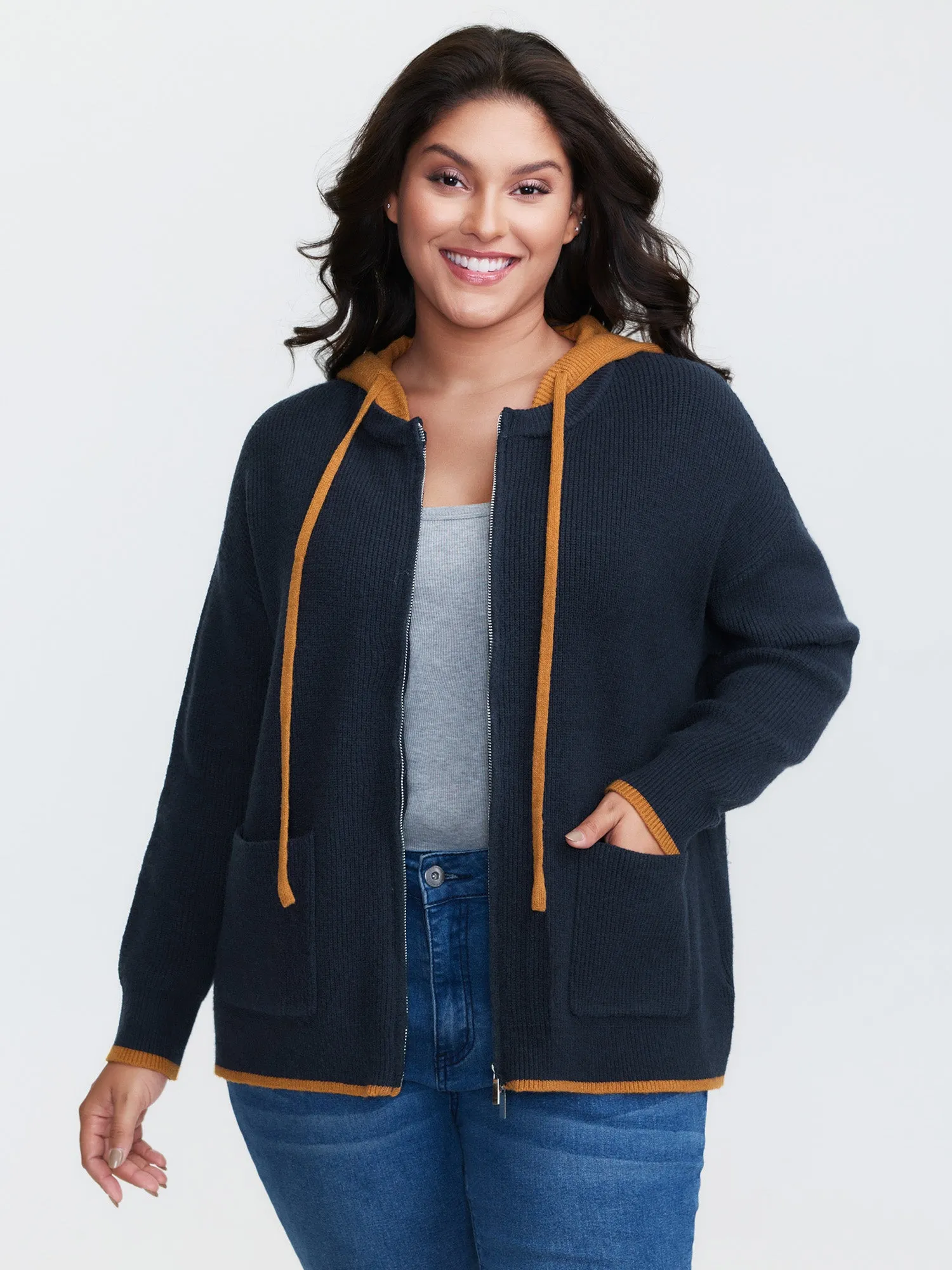 Contrast Hooded Zipper Front Pocketed Cardigan sold by Bloomchic product image thumbnail 3