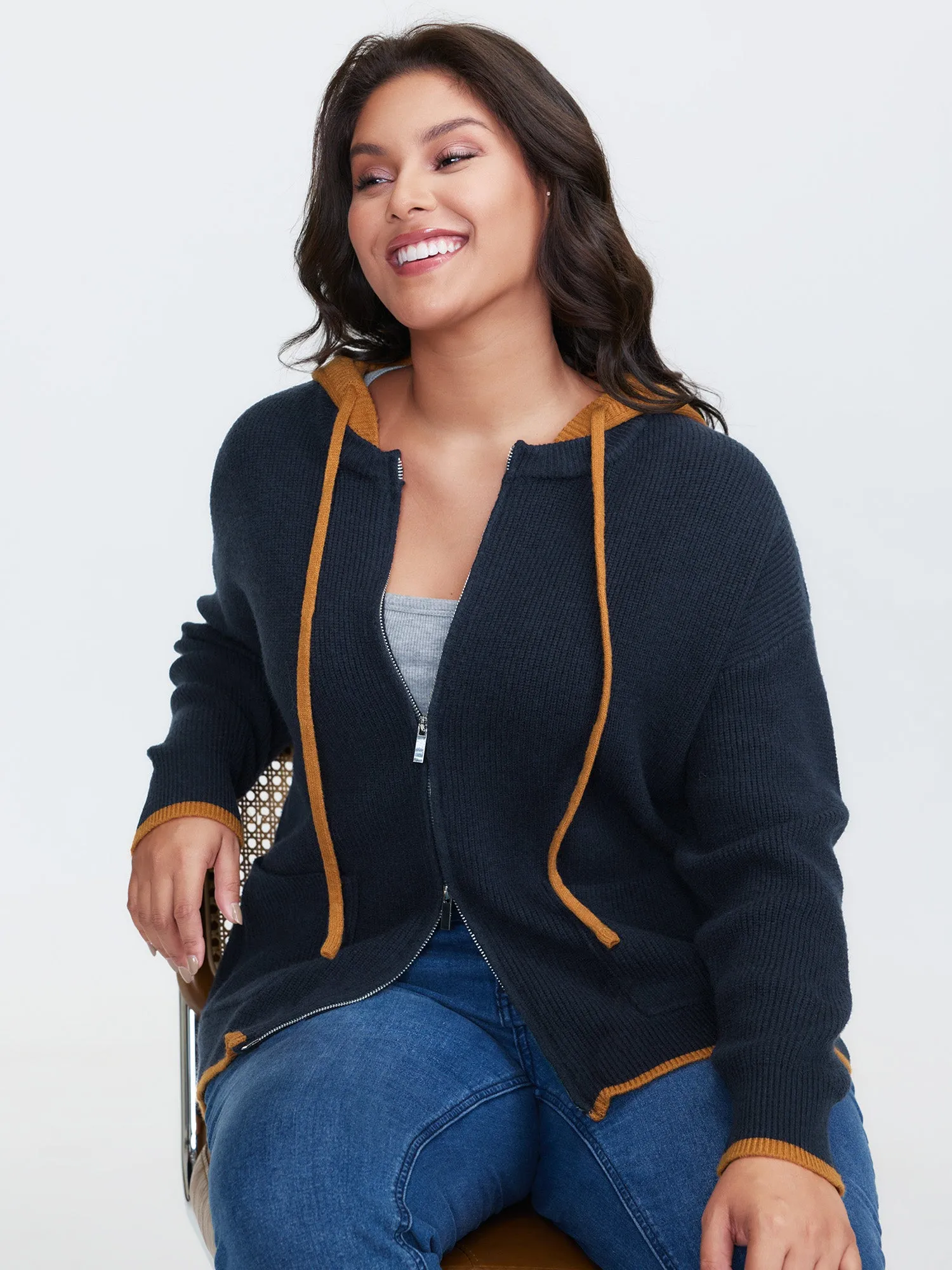 Contrast Hooded Zipper Front Pocketed Cardigan sold by Bloomchic