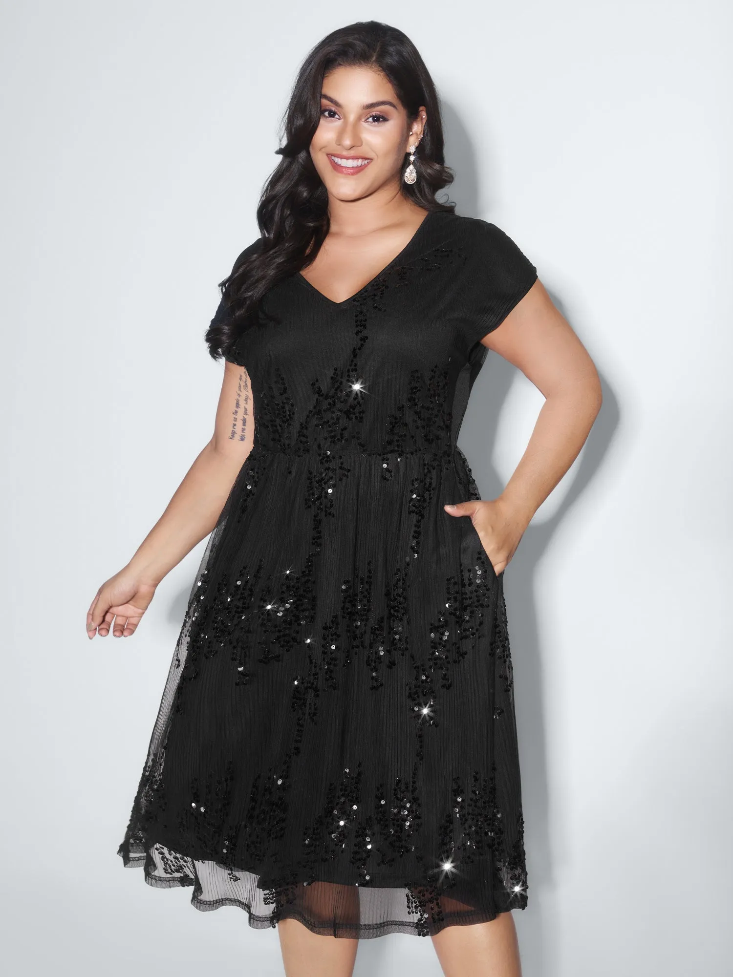 Sequin Embellished V-Neck Midi Dress sold by Bloomchic