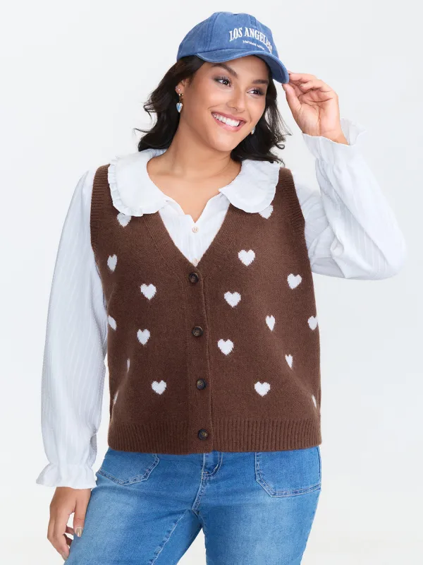 Heart Print Button Front Cardigan Vest sold by Bloomchic