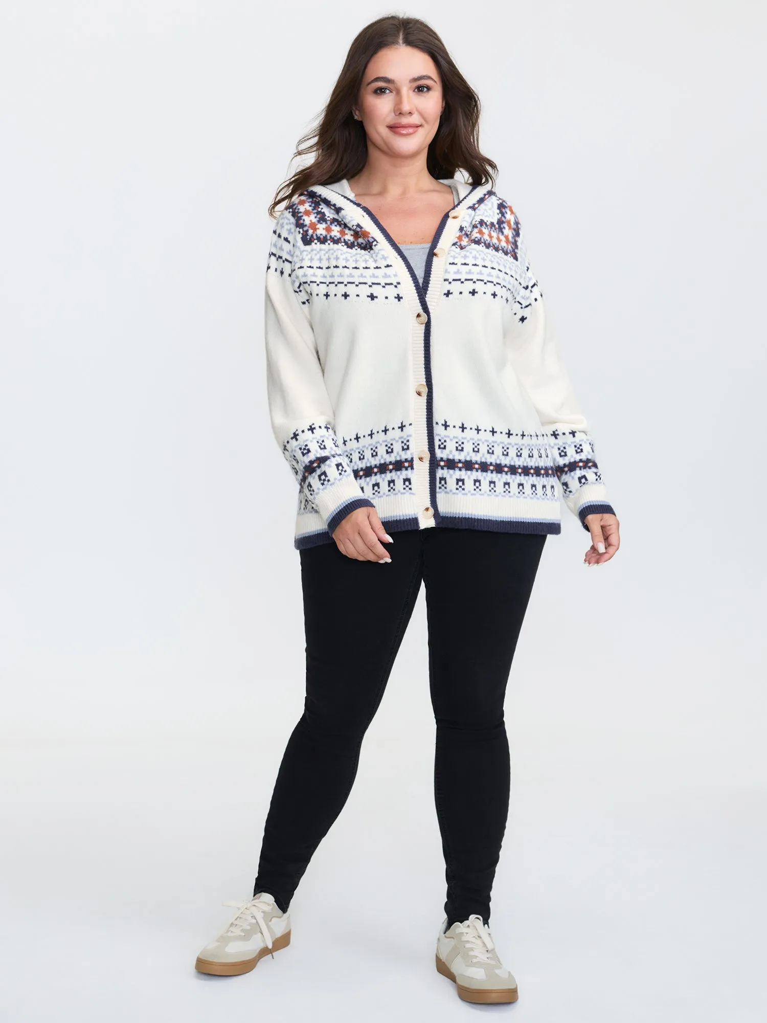 Hooded Jacquard Pattern Button Knit Cardigan sold by Bloomchic product image thumbnail 3