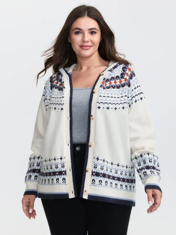 Hooded Jacquard Pattern Button Knit Cardigan sold by Bloomchic