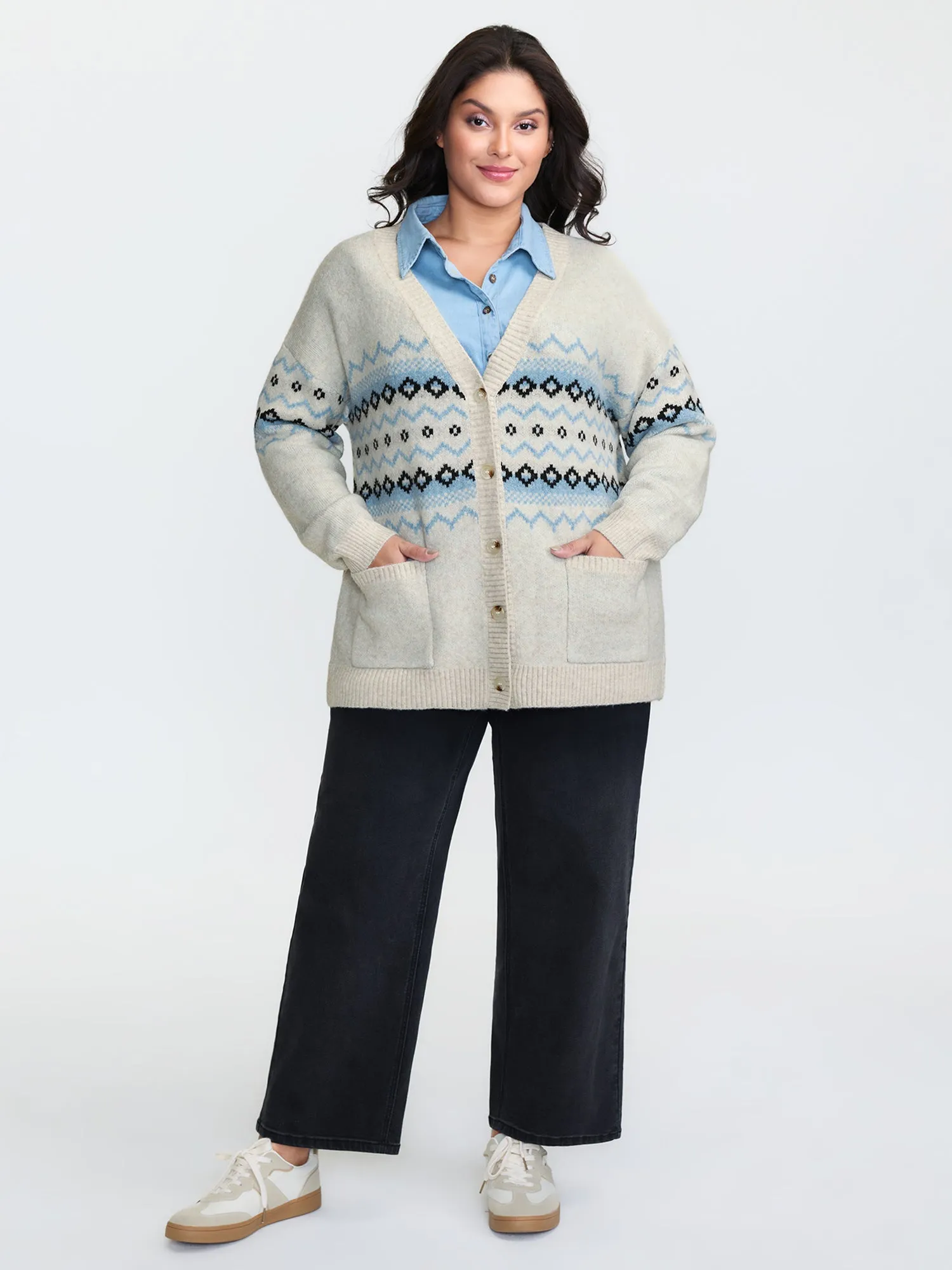 V-Neck Geometric Pattern Button Front Cardigan sold by Bloomchic product image thumbnail 3