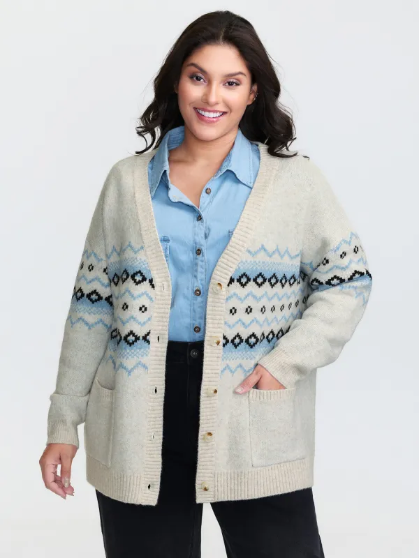 V-Neck Geometric Pattern Button Front Cardigan sold by Bloomchic