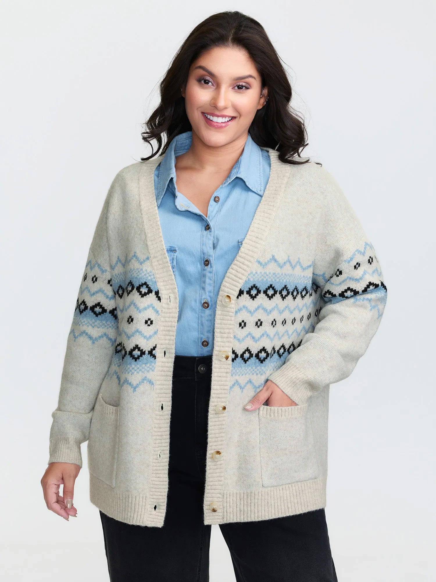 V-Neck Geometric Pattern Button Front Cardigan sold by Bloomchic