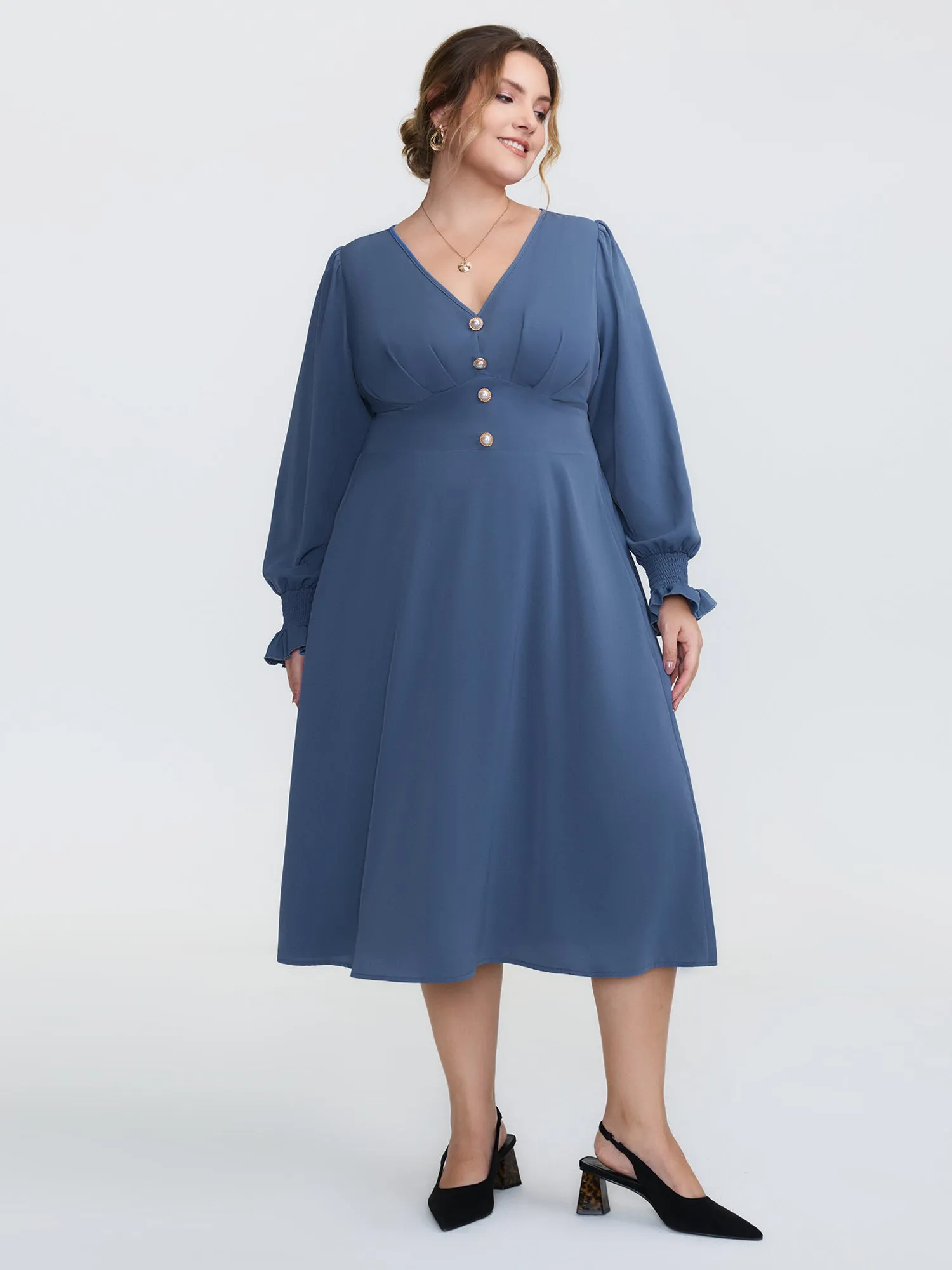 Pearl Metal Trim Buttons Shirred Midi Dress sold by Bloomchic