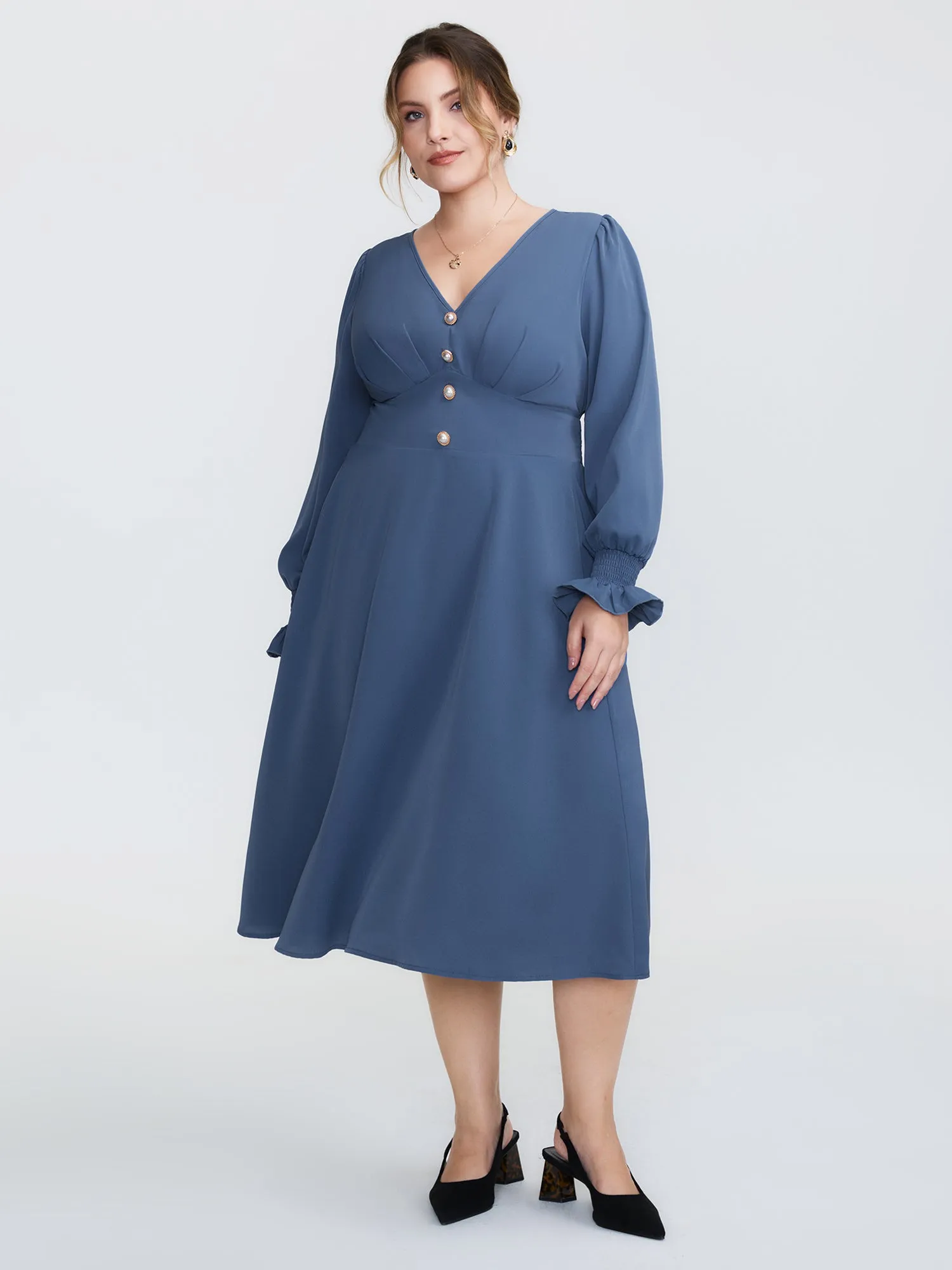 Pearl Metal Trim Buttons Shirred Midi Dress sold by Bloomchic product image thumbnail 3