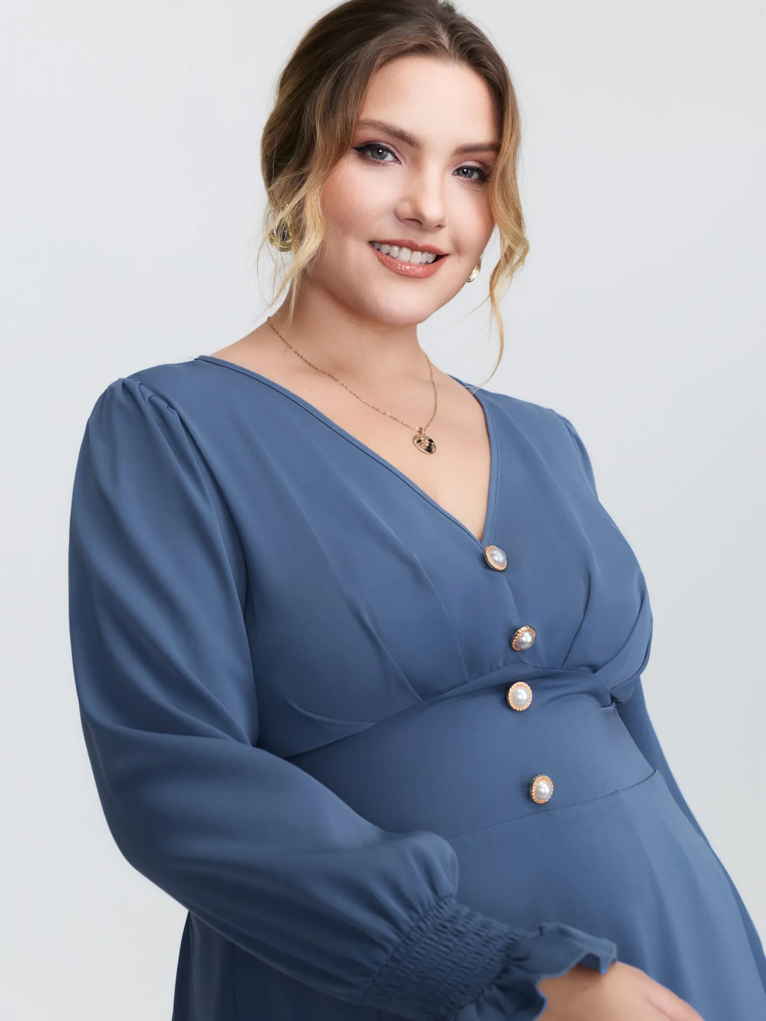 Pearl Metal Trim Buttons Shirred Midi Dress sold by Bloomchic product image thumbnail 2