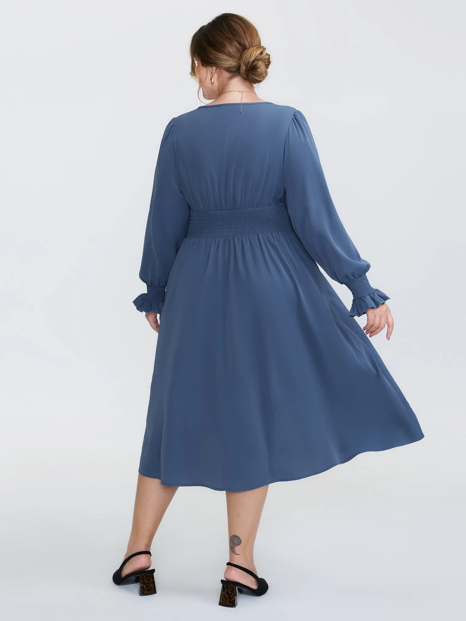 Pearl Metal Trim Buttons Shirred Midi Dress sold by Bloomchic product image thumbnail 5